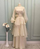Blue High Neck Long Sleeves A-Line Chiffon Modest Long Formal Party Dress, HZ0319