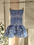 Vintage Dark Blue Pattern Design Strapless Mini Party Dress Homecoming Dress HZ0319