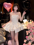 Cute White Strapless Ruffled Hem Design A-line Satin Party Dress Homecoming Dress, HZ0319