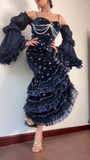 Prom Dress Dark Navy Spaghetti Straps Mermaid Layers Ruffles Sexy Evening Dress Birthday Outfits, HZ0319