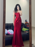 Sexy Red Strapless Mermaid Satin Long Evening Dresses Birthday Party Dresses, HZ0319