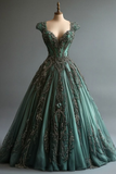 Retro Green Sleeveless A-Line Beading Long Prom Dress Evening Gowns, HZ0319