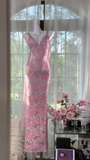 Vintage Gorgeous Pink Floral V-neck Applique Elegant Chiffon Long Evening Dress Prom Dresses HZ0319