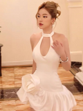 Simple Fashion White Halter Dress Design A-line Satin Party Dresses Homecoming Dresses, HZ0319