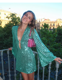Fashion Green V-neck Sequin Design A-line Long-sleeved Women Party Dress Homecoming Dress, HZ0319