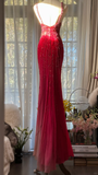 Retro Red V-neck Sparkling Beaded Mermaid Chiffon Evening Dress Prom Dress HZ0319