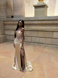Champagne Sweetheart Neck Sheath Satin Long Party Dress Evening Gown, HZ0319