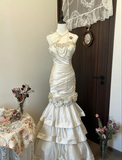 Retro Ivory Straps Mermaid Satin Long Wedding Dresses Evening Gowns, HZ0319