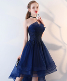 Retro Navy Blue Strapless Ruffled Hem Design A-line Tulle Party Dress Homecoming Dress HZ0319