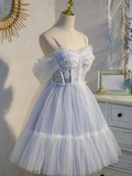 Vintage Light Blue Applique Sweetheart Spaghetti Strap Design A-line Tulle Party Dress Homecoming Dress HZ0319