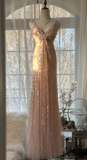 Vintage Champagne Sparkling Sequin Design Romantic Chiffon Evening Dress Prom Dress HZ0319