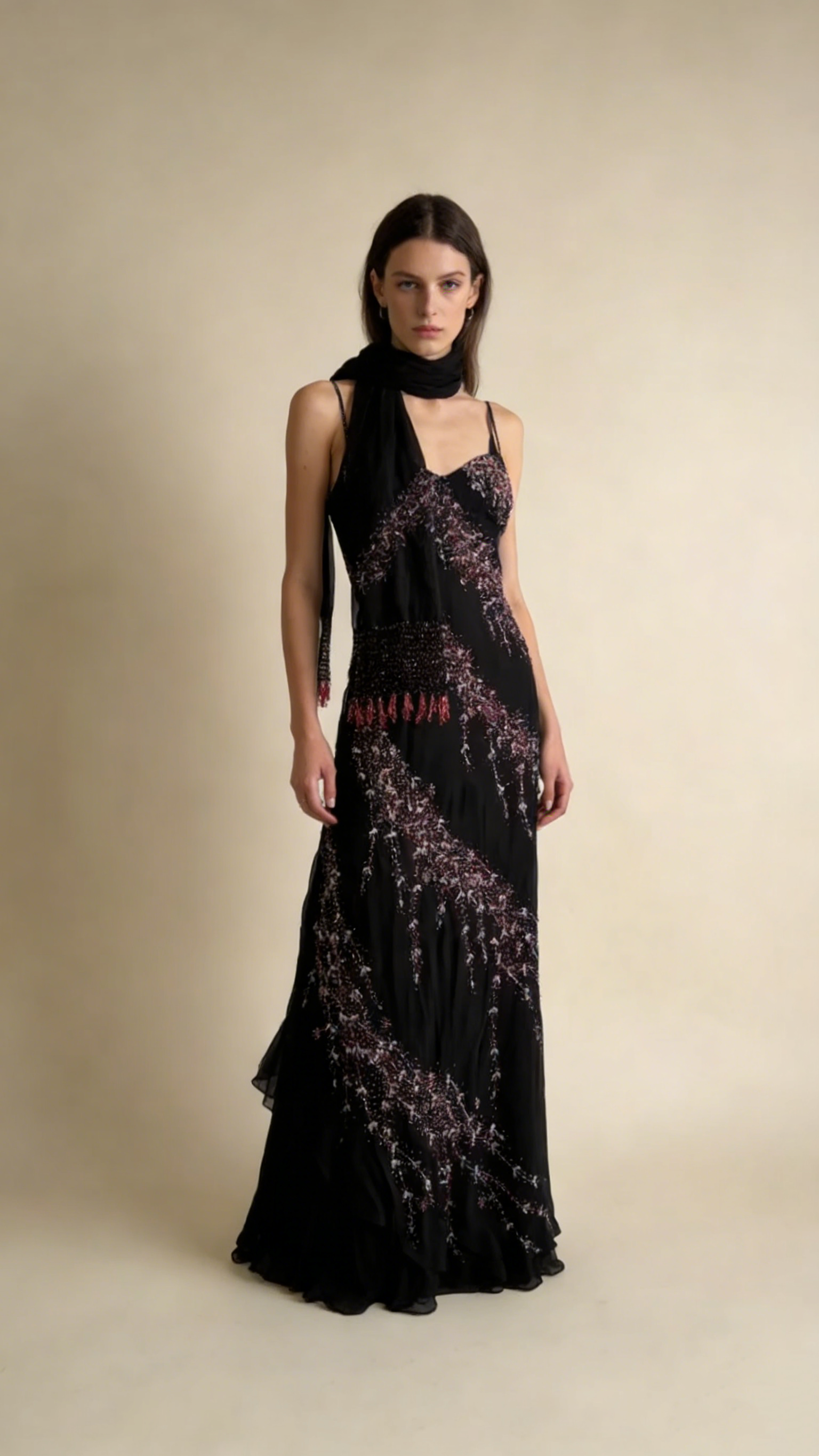 Black Spaghetti Straps Sheath Chiffon Beaded Vintage Long Evening Party Dresses, HZ0319
