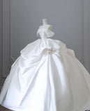 Elegant White Satin Off-the-shoulder Ruffle Ball Gown Design A-Line Wedding Dress, HZ0319