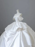 Elegant White Satin Off-the-shoulder Ruffle Ball Gown Design A-Line Wedding Dress, HZ0319