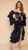 Prom Dress Dark Navy Spaghetti Straps Mermaid Layers Ruffles Sexy Evening Dress Birthday Outfits, HZ0319