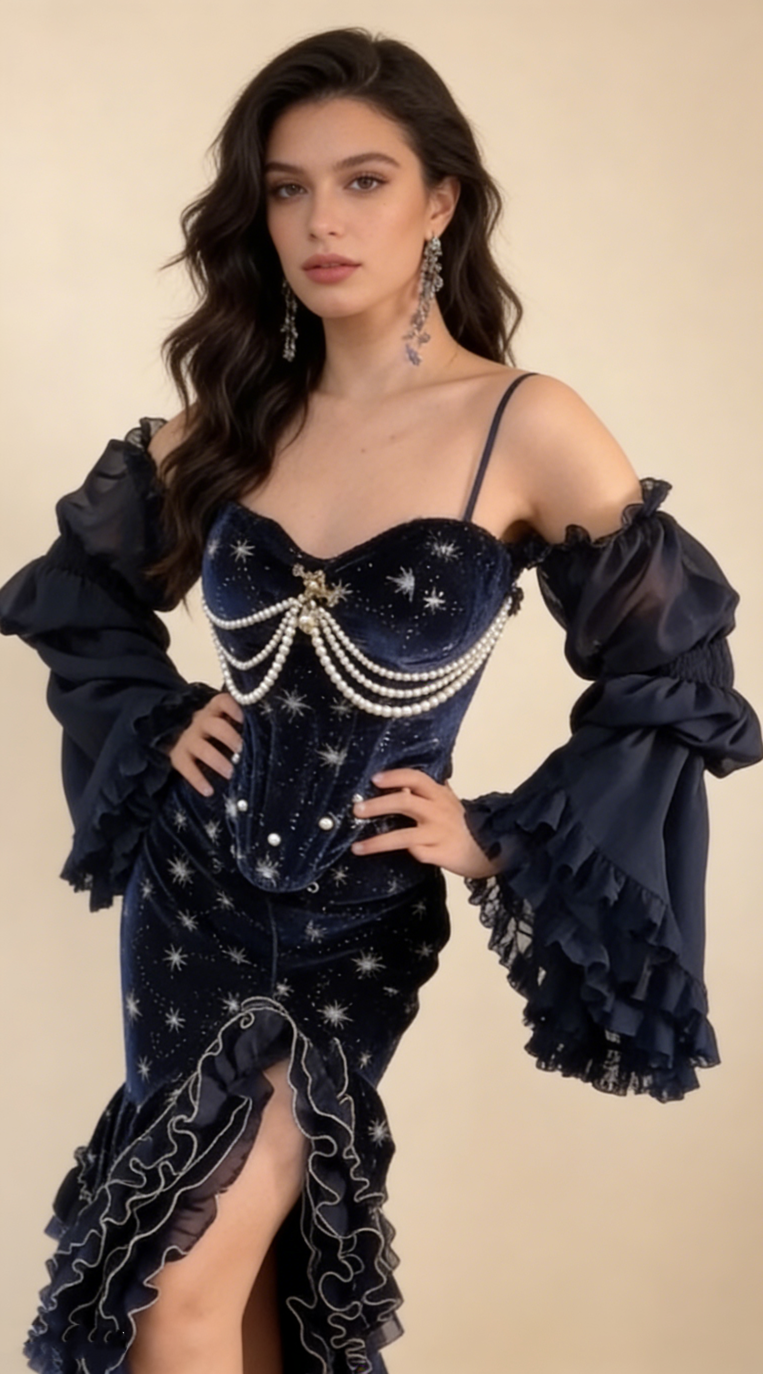 Prom Dress Dark Navy Spaghetti Straps Mermaid Layers Ruffles Sexy Evening Dress Birthday Outfits, HZ0319