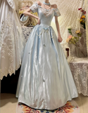 Gorgeous Short Sleeve Bateall Pearl Pleated Sweet 16 Prom Dress Quinceanera Dress with Handmade flower HZ0319