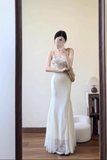 Seaside Vacation Spaghetti Straps Handmade Flower Tulle Mermaid Long Skirt Quinceanera Dress Women Dress Summer Dress HZ0319