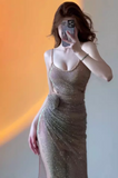 Shiny Spaghetti Straps Sheath Pleated Handmade Rose Long Birthday Party Dress Gala Prom Dress HZ0319