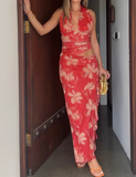 Vintage Printed V-neck Halter Ruffle Two-piece Set Summer Dress Women Dress HZ0319