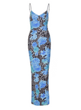 Fashion Spaghetti Straps Blue Rose Leopard Print Sheath Seaside Vacation Dress Summer Dress HZ0319
