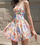 Sweet A Line Spaghetti Straps Printing Tulle Short Summer Seaside Dress Vacation Dress Women Dress HZ0319