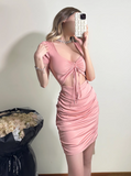 Sweet Short Sleeve V-Neck Lace-up Fold Short Skirt Summer Dress Party Dress Women Dress HZ0319