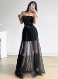 Minimalist Shiny Black Strapless Pleated Tiered Tulle Dress Dating Dress Party Dress Summer Dress Women Dress HZ0319