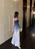 Elegant Sweetheart Neck Gradient Blue Pleated Slim Fit Waist Mermaid Maxi Dress Women Summer Dress HZ0319