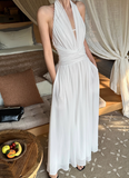 Elegant A Line Chiffon Halter V-neck Fold Slim Fit Women Summer Long Skirt Date Dress HZ0319