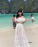 Pretty Off-the-shoulder Ruffle Pleated Beach Vacation Seaside Dress Women Summer Maxi Dress HZ0319
