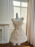 Pretty A Line Square Neckline Feather Beaded Sequins Flower Sweet 16 Skirt Party Dress Homecoming Dress HZ0319
