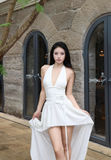 French V-neck Halter Pleated Hi-lo Women Summer Dress Vacation Seaside Dress HZ0319