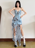 Sweet Spaghetti Straps Tiered Pleated Ruffled Patchwork Train Skirt Women Date Dress Summer Dress HZ0319