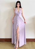 Elegant V-Neck Halter Backless Pleated Ruffle Slit Summer Maxi Dress Women Seaside Dress HZ0319