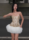 Elegant Strapless Printing Flower Tiered Tulle Short Skirt Party Dress Women Summer Dress HZ0319