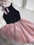 Pretty Halter Polka Dot Pleated Tulle Bowknot Rose Summer Dress Women Date Dress HZ0319