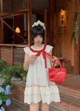 Cute Polka Dots Lace-up Pleated Ruffle Short Women Dress Sweet Dress Date Dress HZ0319