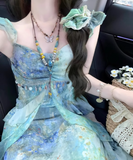 Island Spaghetti Straps Ruffle Print Long Seaside Dress Vacation Dress Women Summer Dress HZ0319