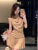 Vintage A Line Sleeveless Pleated Short Casual Skirt Women Summer Dress HZ0319
