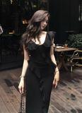 Sexy V-neck Black Sheath Ruffle Casual Long Dress Women Summer Date Dress HZ0319