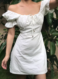Minimalist Square Neck White Puffed Sleeves Short Skirt Casual Summer Women Dress HZ0319