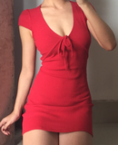 Retro V-neck Lace up Red Short Skirt Summer Women Dress Date Dress Party Dress HZ0319
