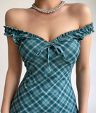 Vintage Off the Shoulder Pleated Checkered Short Skirt Women Dress Summer Date Dress HZ0319