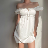 Casual Off the Shoulder Puffed Sleeves Pleated Short Skirt Women Summer Dress Vacation Dress HZ0319