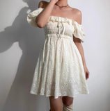 Retro Off the Shoulder Puff Sleeves Flower Short Skirt Women Teenage Girl Summer Date Dress HZ0319