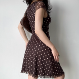 Retro A Line V-neck Polka Dot Short Fitted Skirt Women Summer Vacation Dress HZ0319