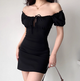 Casual Black Square Neck Lace-up Ruffle Short Date Skirt Women Teenage Girl Summer Vacation Dress HZ0319