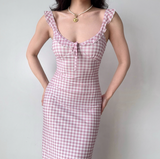 Sweet Ruffle Straps Pink Checkered Lace up Teenage Girl Women Summer Date Dress Seaside Dress HZ0319