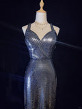 Shiny Prom Dress Spaghetti Straps Backless Prom Gown Evening Gala Dress HZ0319